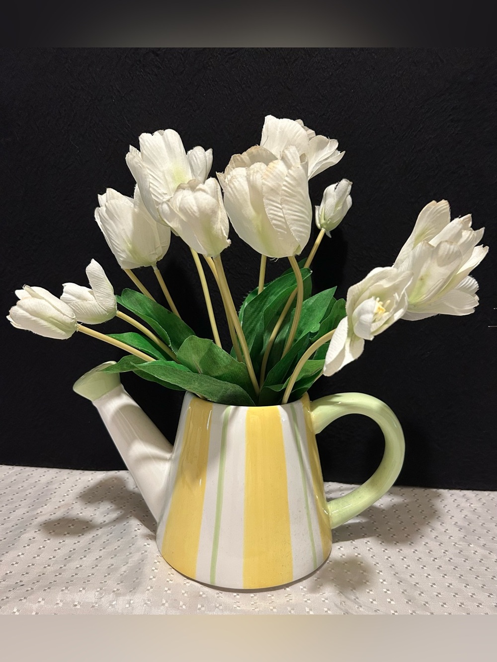 White Yellow And Green Striped Ceramic Watering Can Vase With Faux Tulips